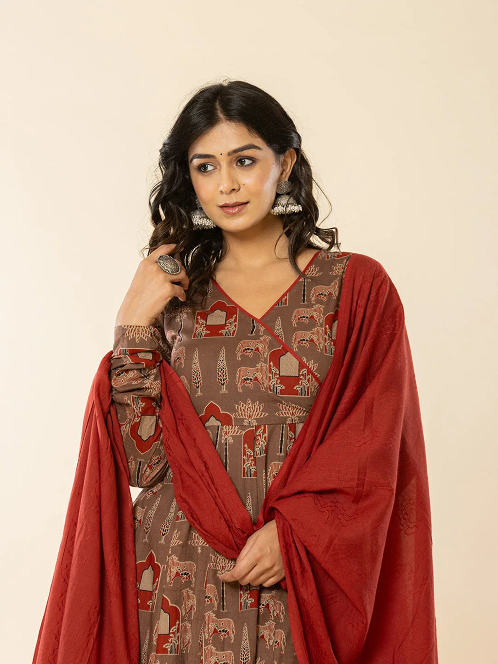 Yufta Brown Cotton Angrakha Style Kurta With Dobby Dupatta Set - Distacart