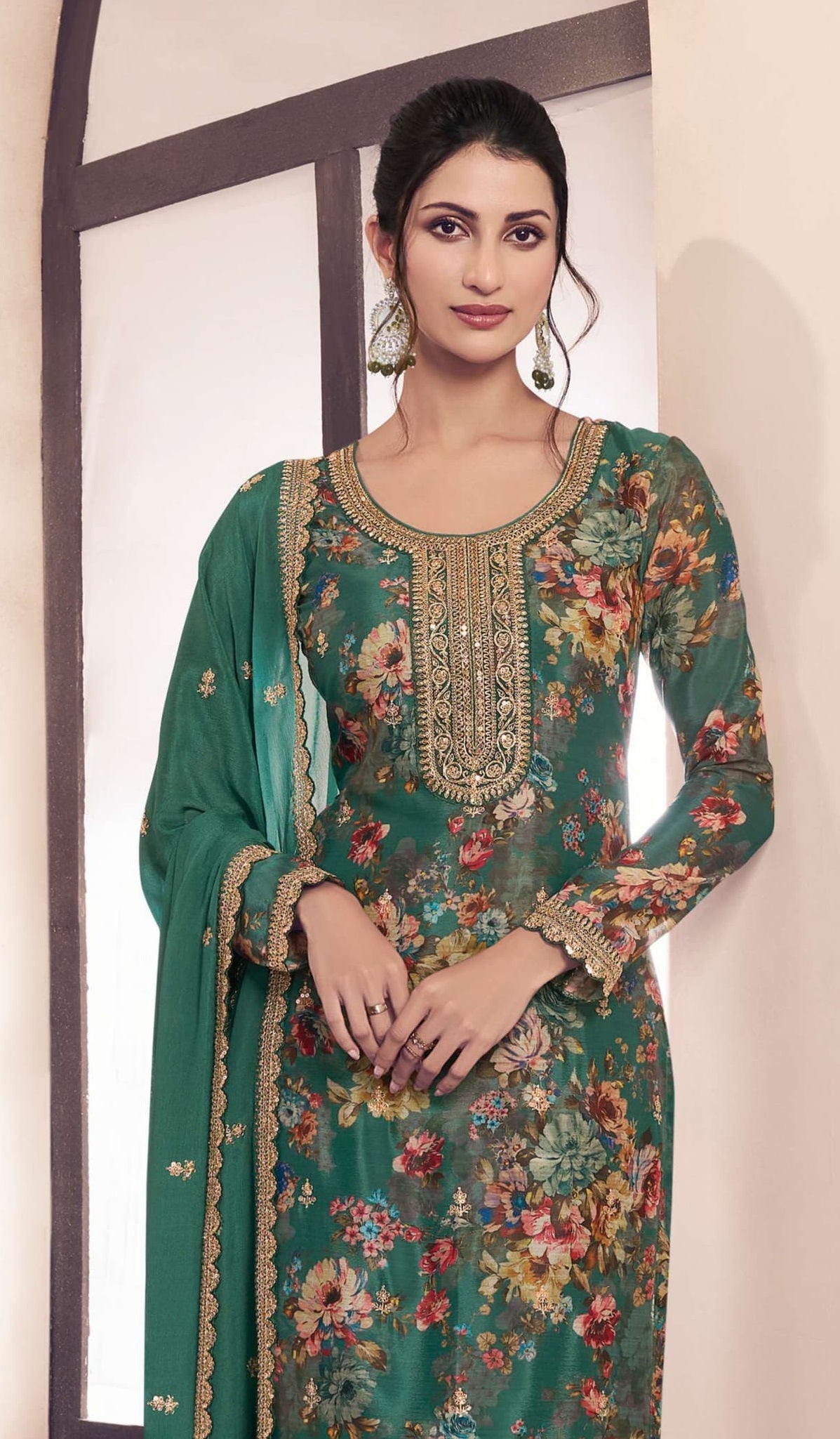 Anaita Green Chinon Digital Print Sequence Embroidered Salwar Suit - Distacart