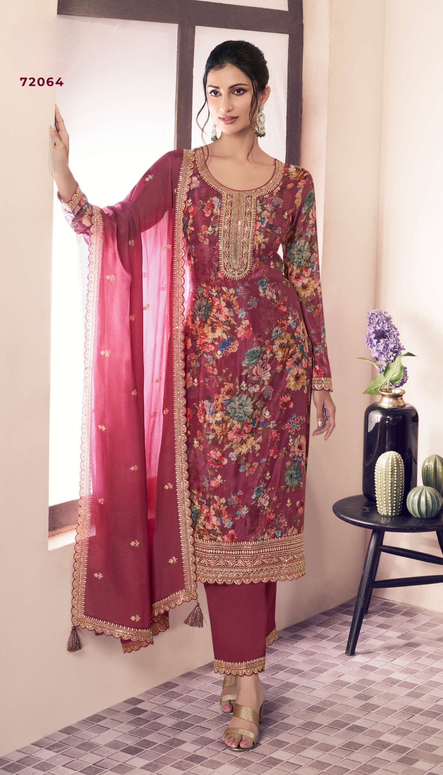 Anaita Pink Chinon Digital Print Sequence Embroidered Salwar Suit - Distacart
