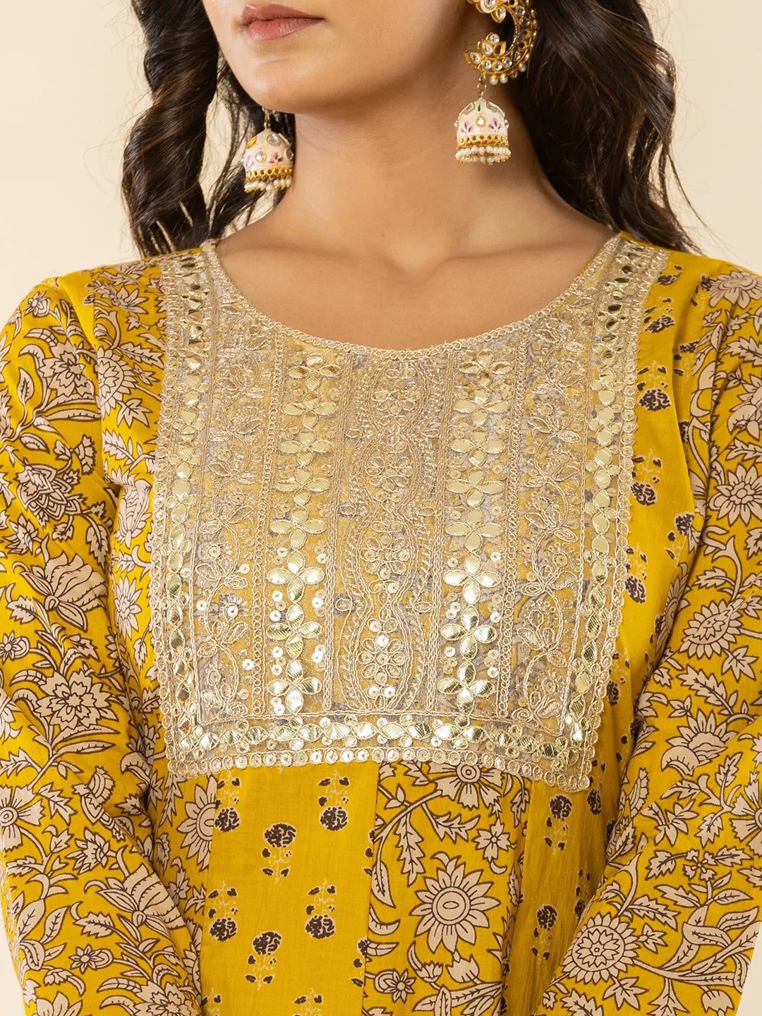 Yufta Mustard Cotton Embroidered Anarkali Kurta Dupatta Set - Distacart