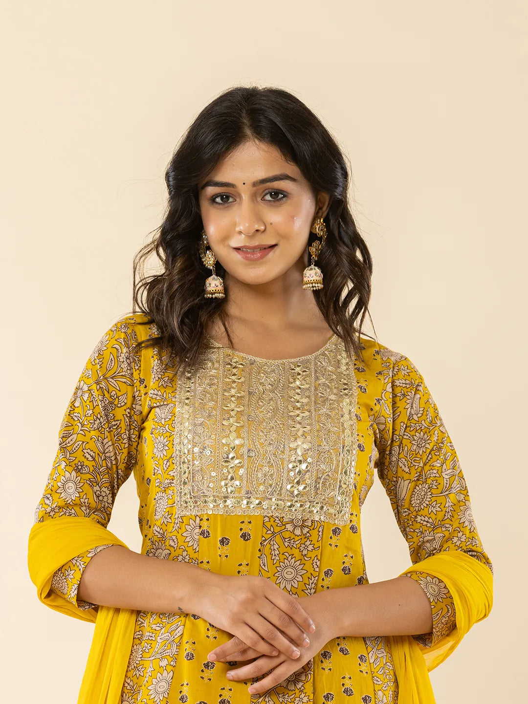 Yufta Mustard Cotton Embroidered Anarkali Kurta Dupatta Set - Distacart