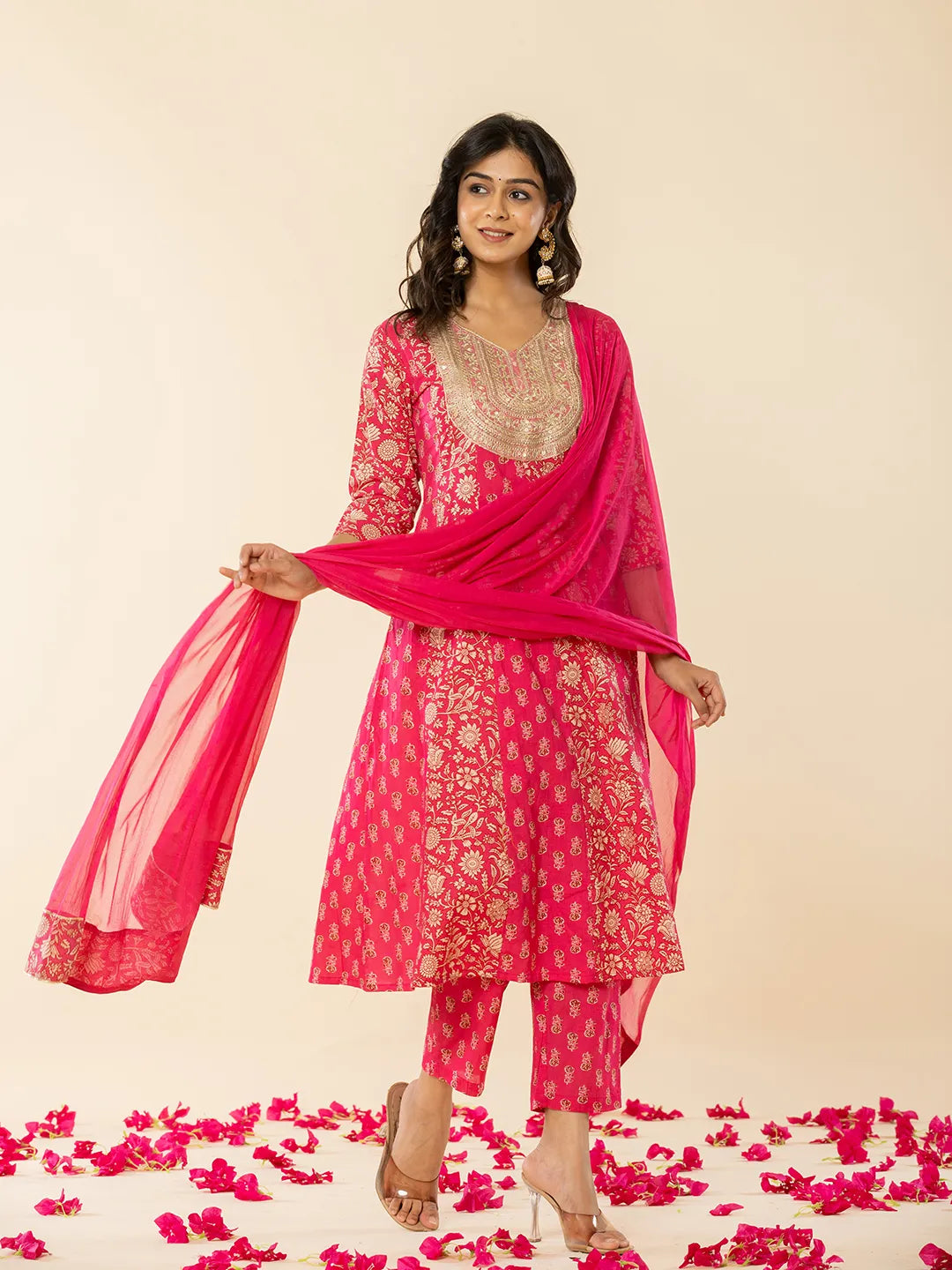 Yufta Pink Cotton Embroidered Anarkali Kurta Dupatta Set - Distacart