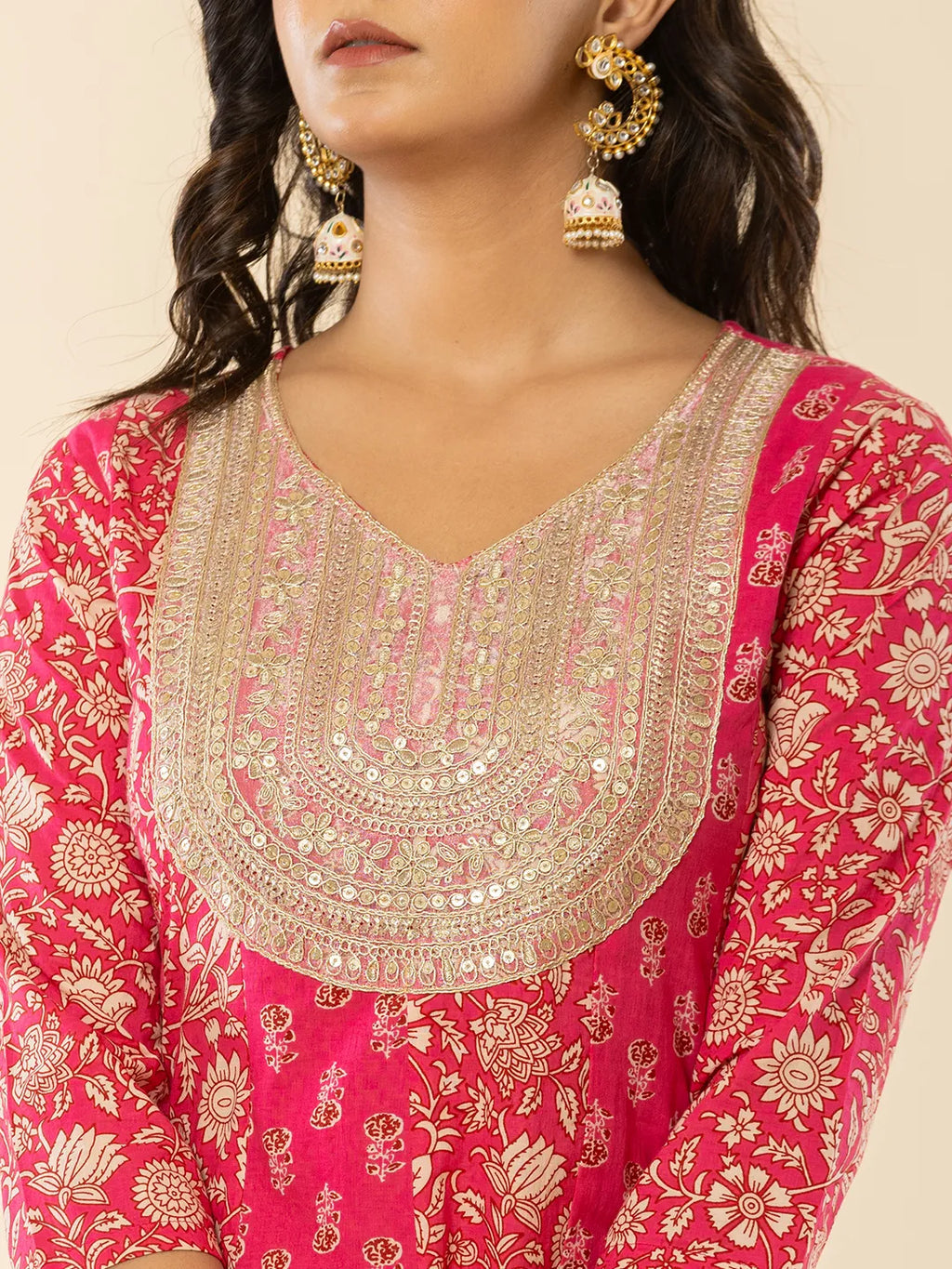 Yufta Pink Cotton Embroidered Anarkali Kurta Dupatta Set - Distacart