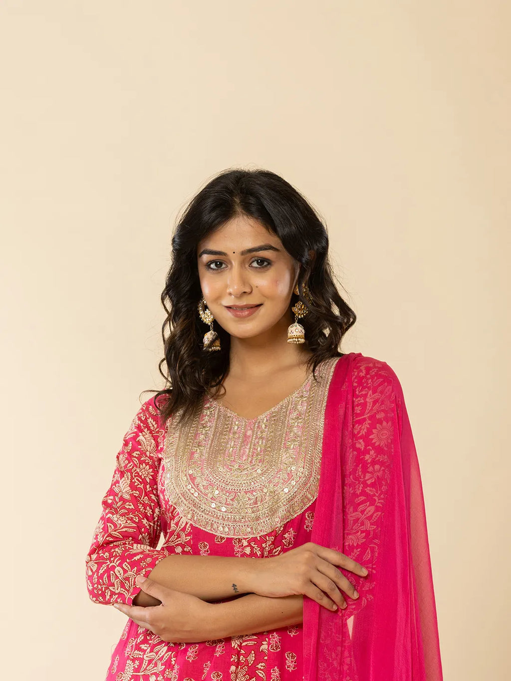 Yufta Pink Cotton Embroidered Anarkali Kurta Dupatta Set - Distacart