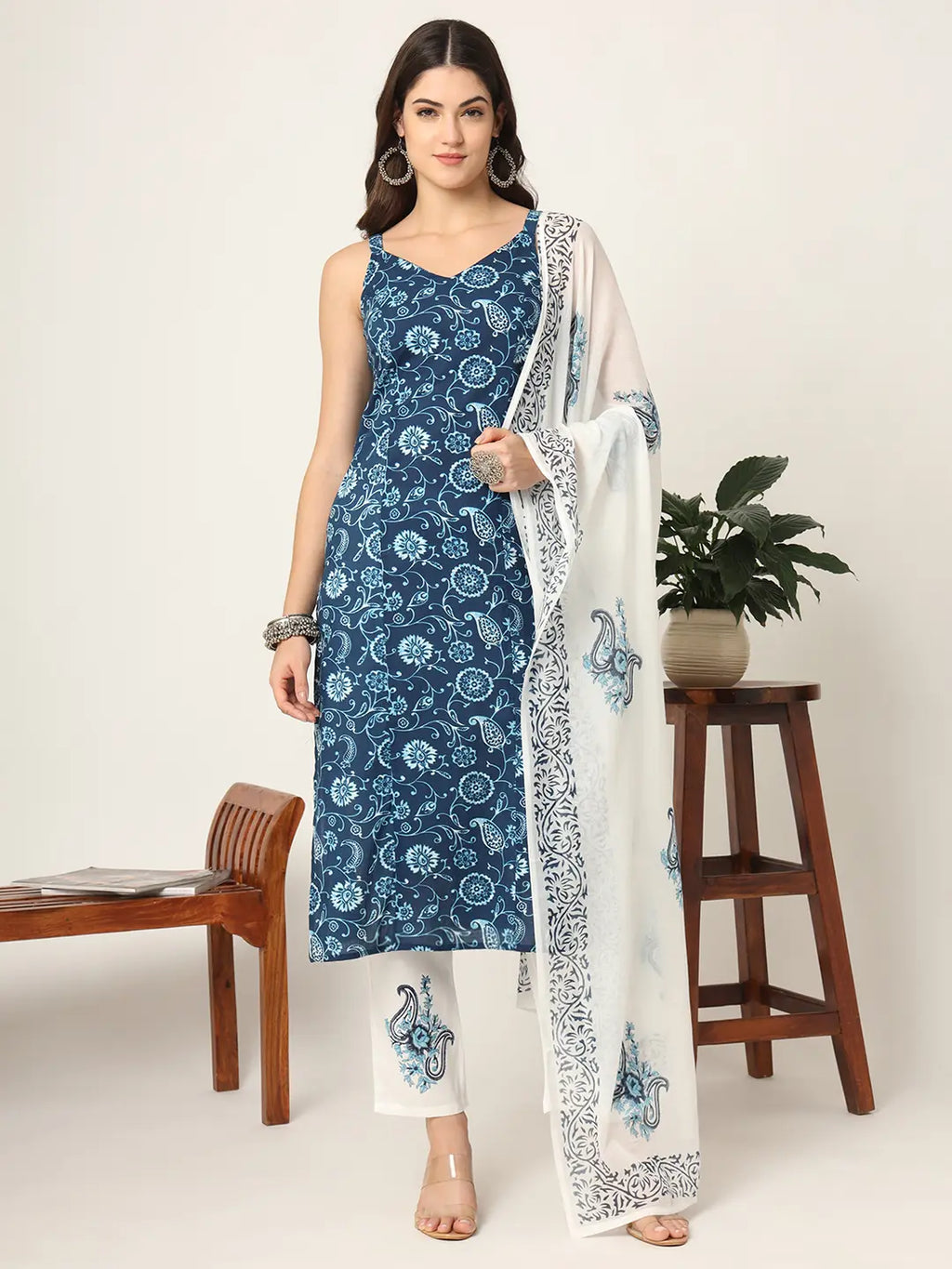 Yufta Blue Cotton Strappy Block Print Kurta Dupatta Set