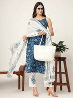 Yufta Blue Cotton Strappy Block Print Kurta Dupatta Set