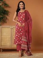Yufta Burgundy Cotton Sleeveless Kurta Dupatta Set