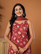 Yufta Burgundy Cotton Sleeveless Kurta Dupatta Set