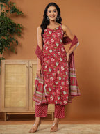 Yufta Burgundy Cotton Sleeveless Kurta Dupatta Set