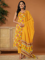 Yufta Mustard Cotton Sleeveless Kurta Dupatta Set