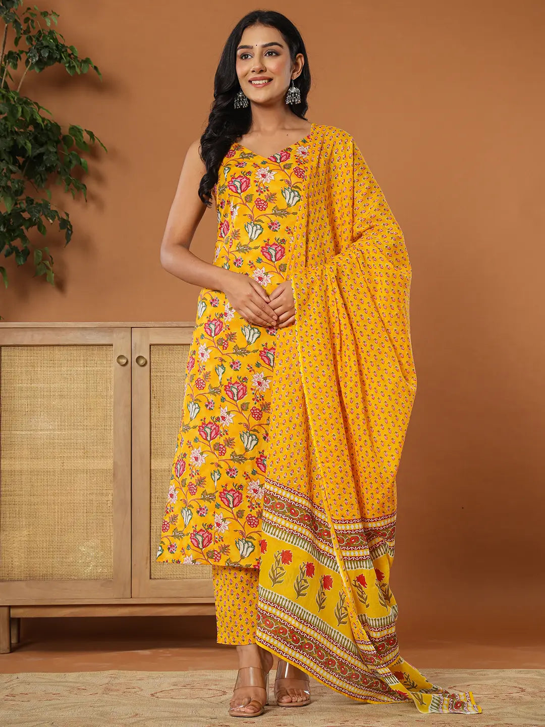 Yufta Mustard Cotton Sleeveless Kurta Dupatta Set