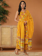 Yufta Mustard Cotton Sleeveless Kurta Dupatta Set
