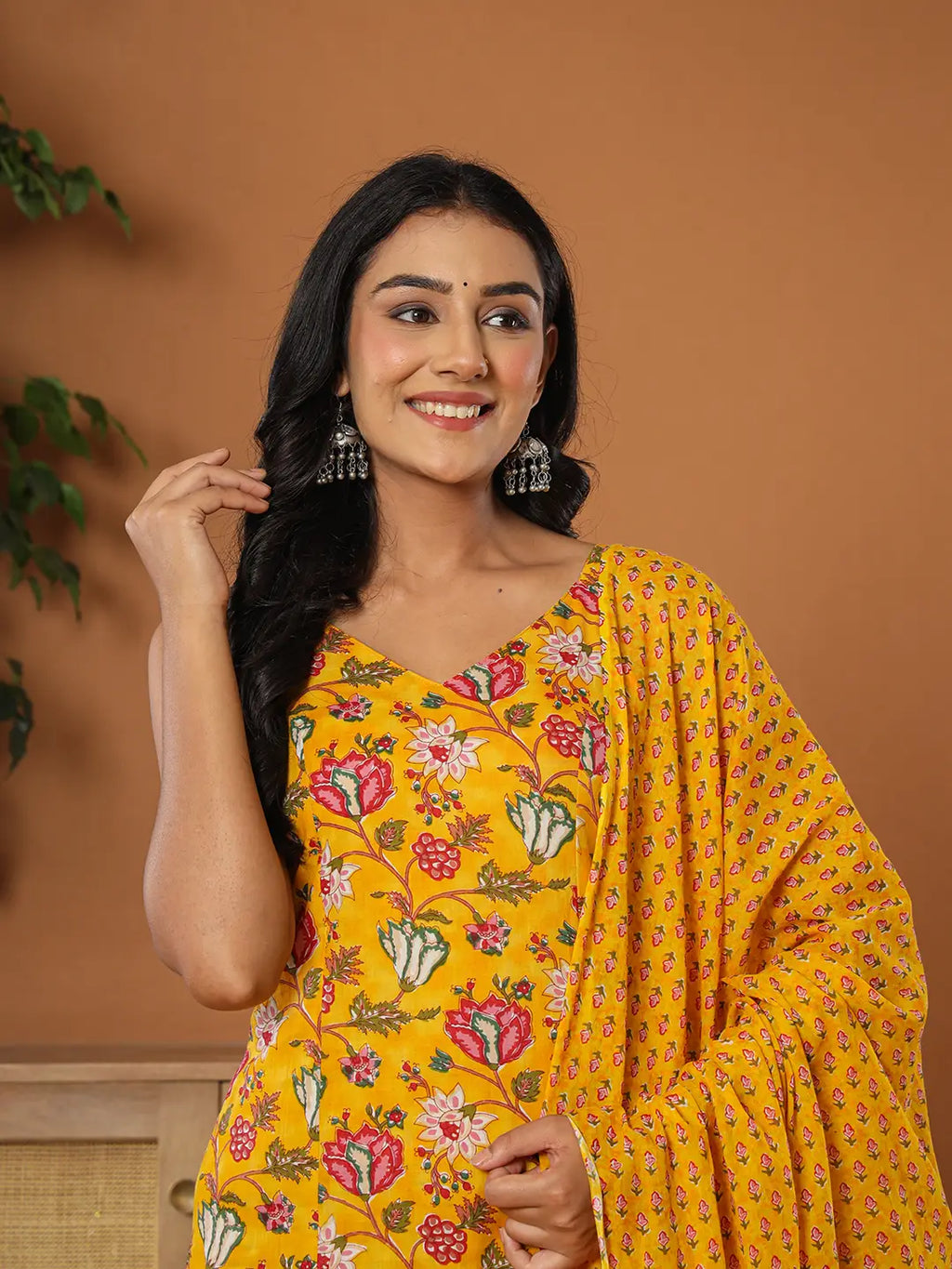Yufta Mustard Cotton Sleeveless Kurta Dupatta Set