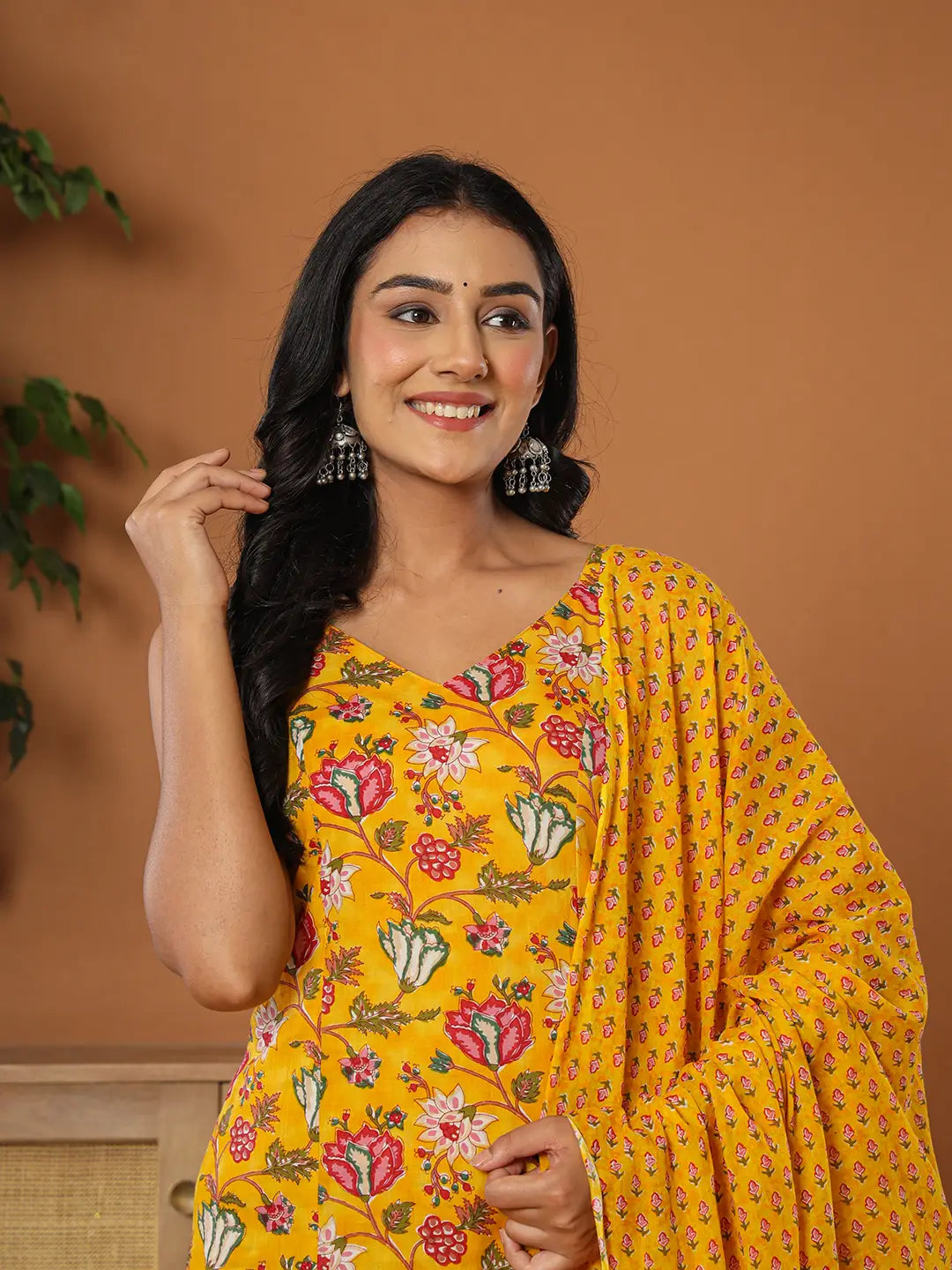 Yufta Mustard Cotton Sleeveless Kurta Dupatta Set