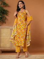 Yufta Mustard Cotton Sleeveless Kurta Dupatta Set