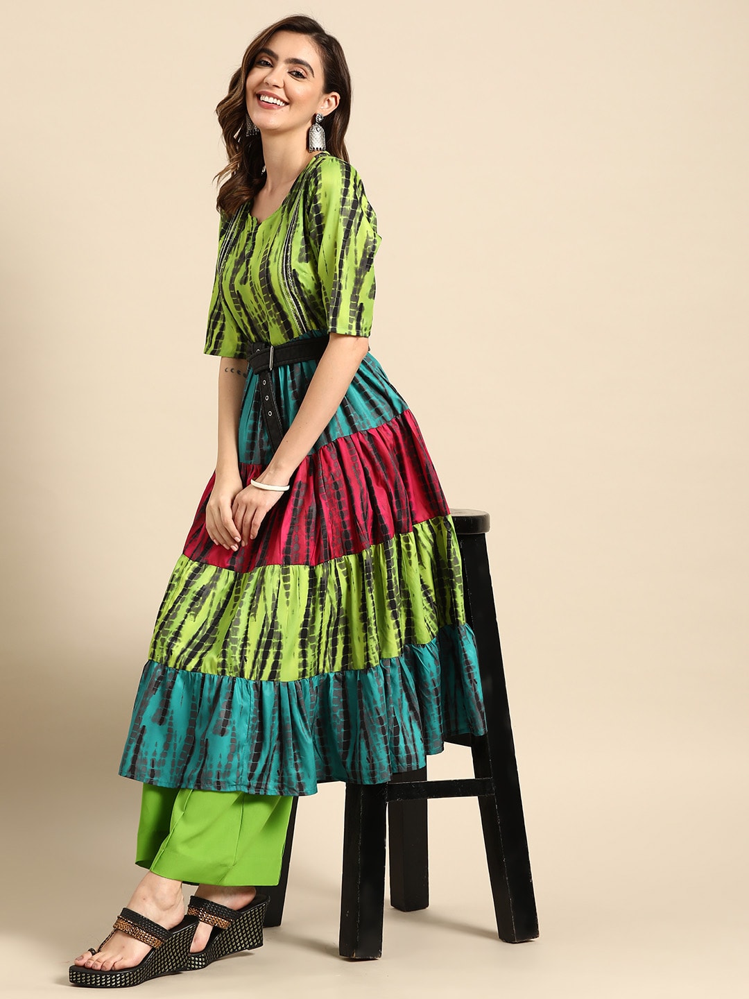 Sangria Women Green Dyed Tiered Kurta with Palazzos