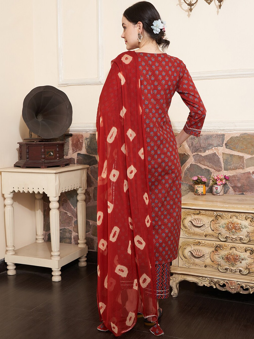 Sangria Maroon Ethnic Motifs Printed Mirror Work Pure Cotton Kurta with Trousers & Dupatta