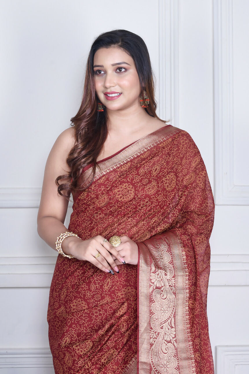 Morchari Maroon Script Printed Orzanga Saree Unstitched Blouse - Distacart