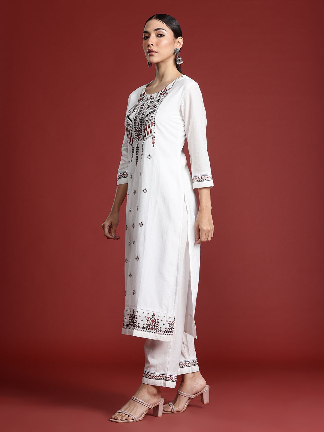 Indo Era Floral Embroidered Thread Work Pure Cotton Kurta with Trousers & With Dupatta - Distacart
