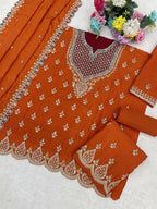 Anaita Orange Chinon Suit With Embroidered Sequins & Mirror Work - Distacart