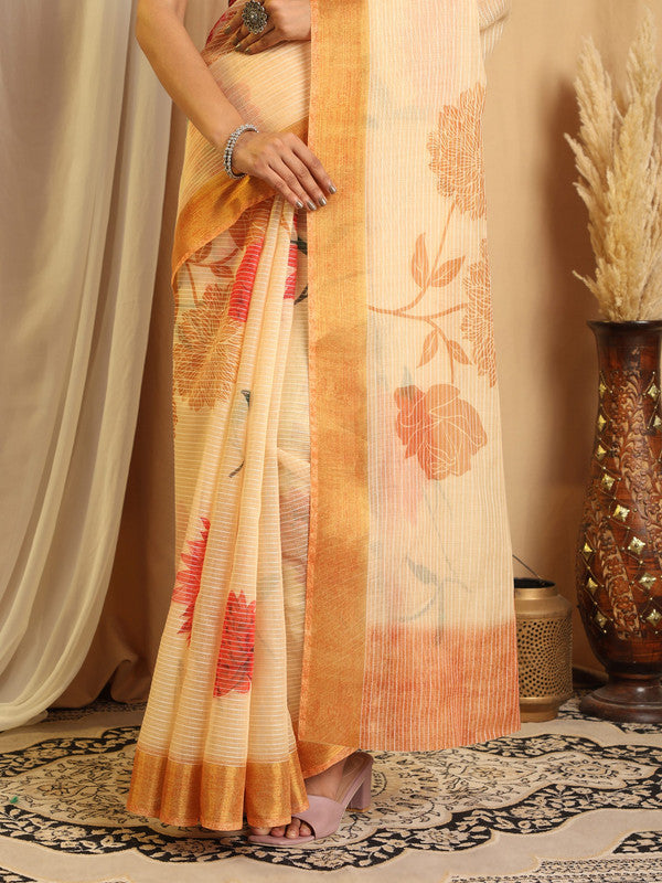 Shivam Fabrics Beige Chanderi Fabric Printed Saree - Distacart