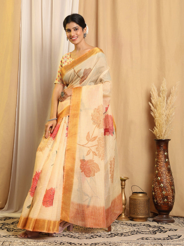 Shivam Fabrics Beige Chanderi Fabric Printed Saree - Distacart