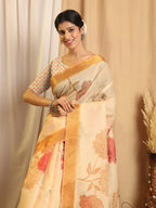 Shivam Fabrics Beige Chanderi Fabric Printed Saree - Distacart