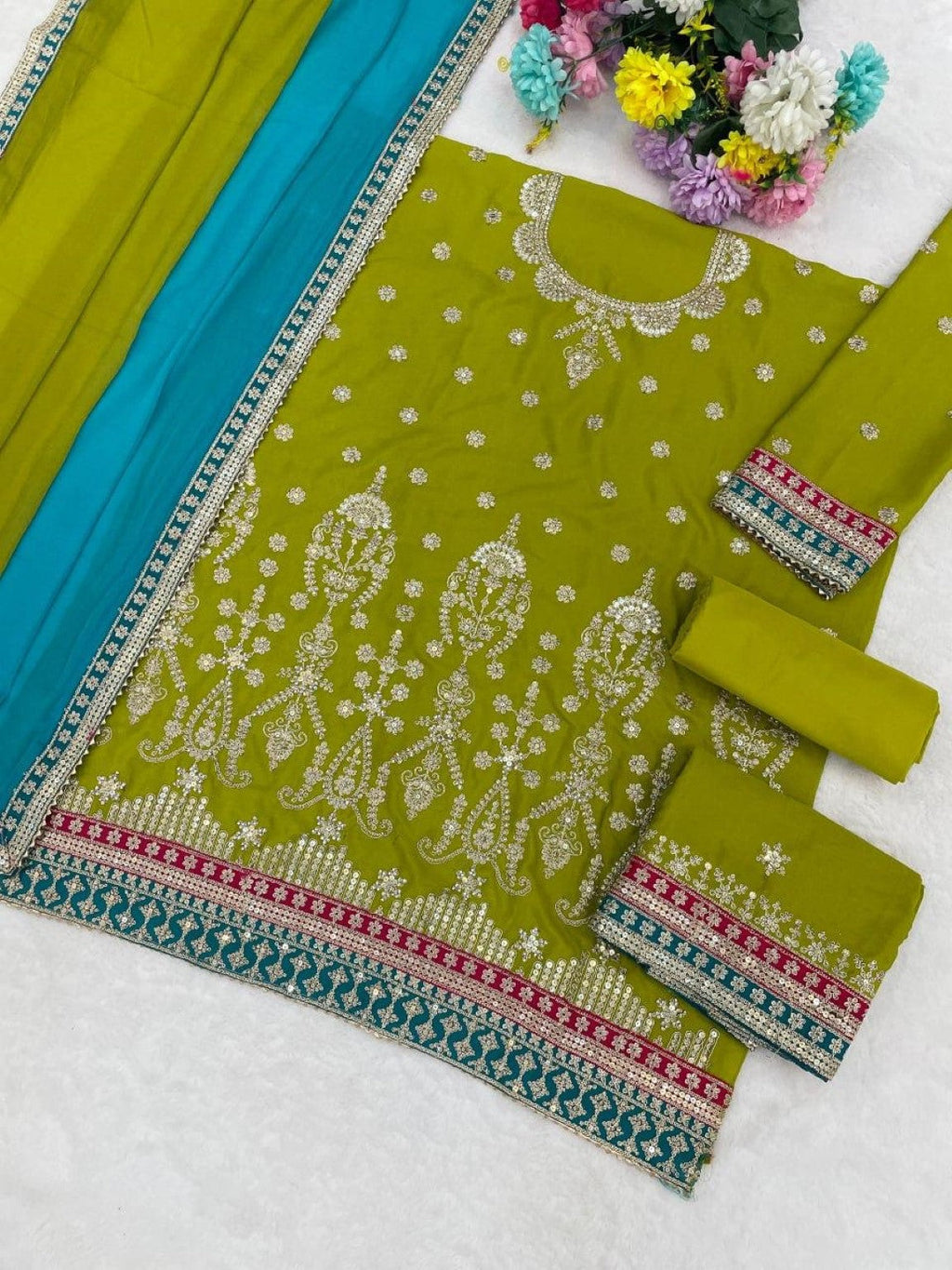 Anaita Green Chinon Suit With Embroidered Sequins & Mirror Work - Distacart