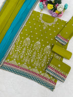 Anaita Green Chinon Suit With Embroidered Sequins & Mirror Work - Distacart