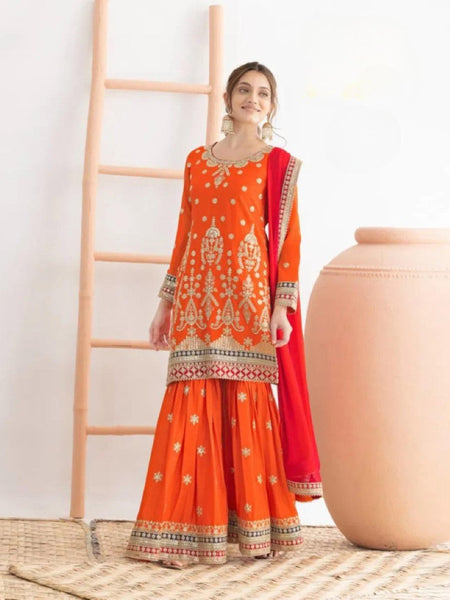 Anaita Orange Chinon Suit With Embroidered Sequins & Mirror Work