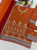 Anaita Orange Chinon Suit With Embroidered Sequins & Mirror Work - Distacart