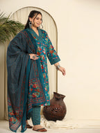 Yufta Navy Blue Pure Cotton Sequins_Work Kurta Dupatta Pant Set With Handwork - Distacart