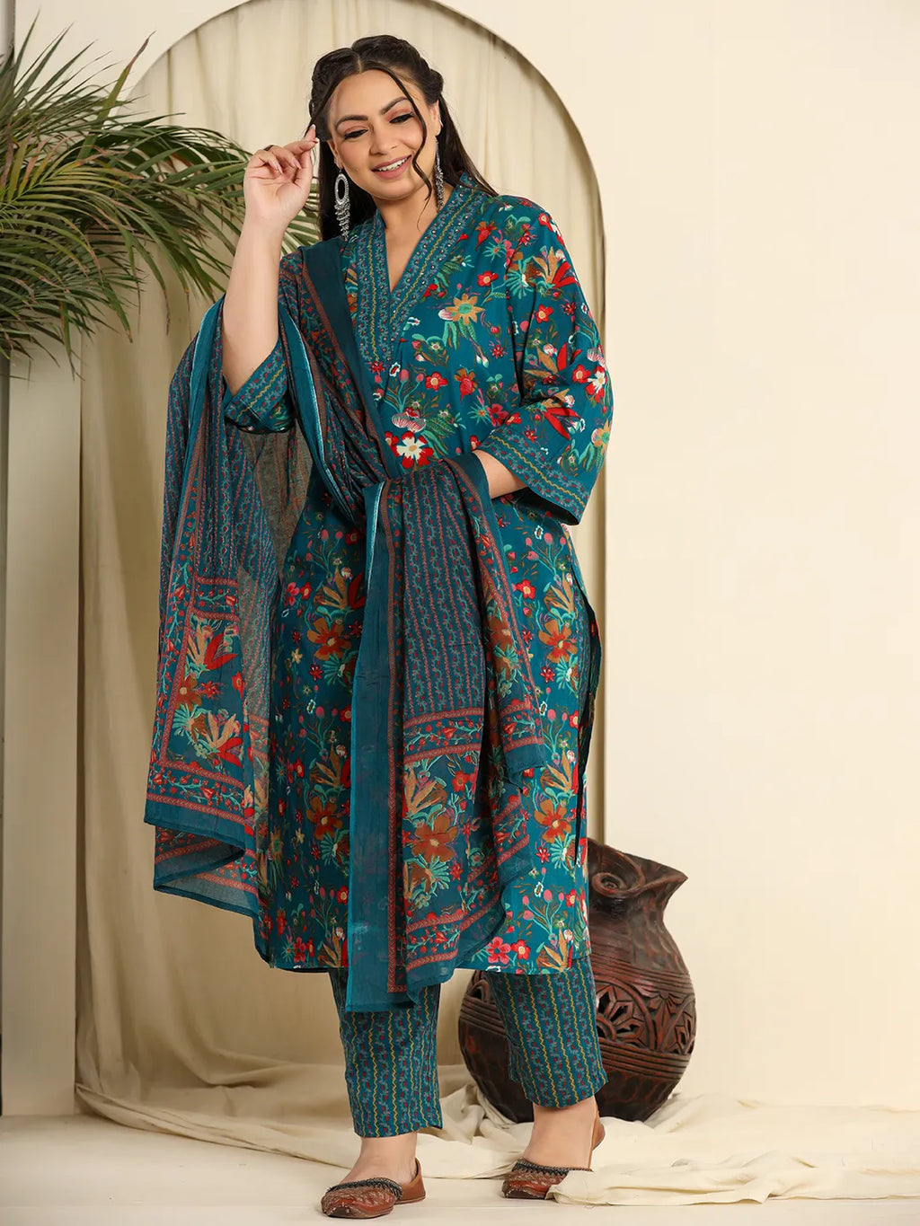 Yufta Navy Blue Pure Cotton Sequins_Work Kurta Dupatta Pant Set With Handwork - Distacart