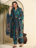 Yufta Navy Blue Pure Cotton Sequins_Work Kurta Dupatta Pant Set With Handwork - Distacart