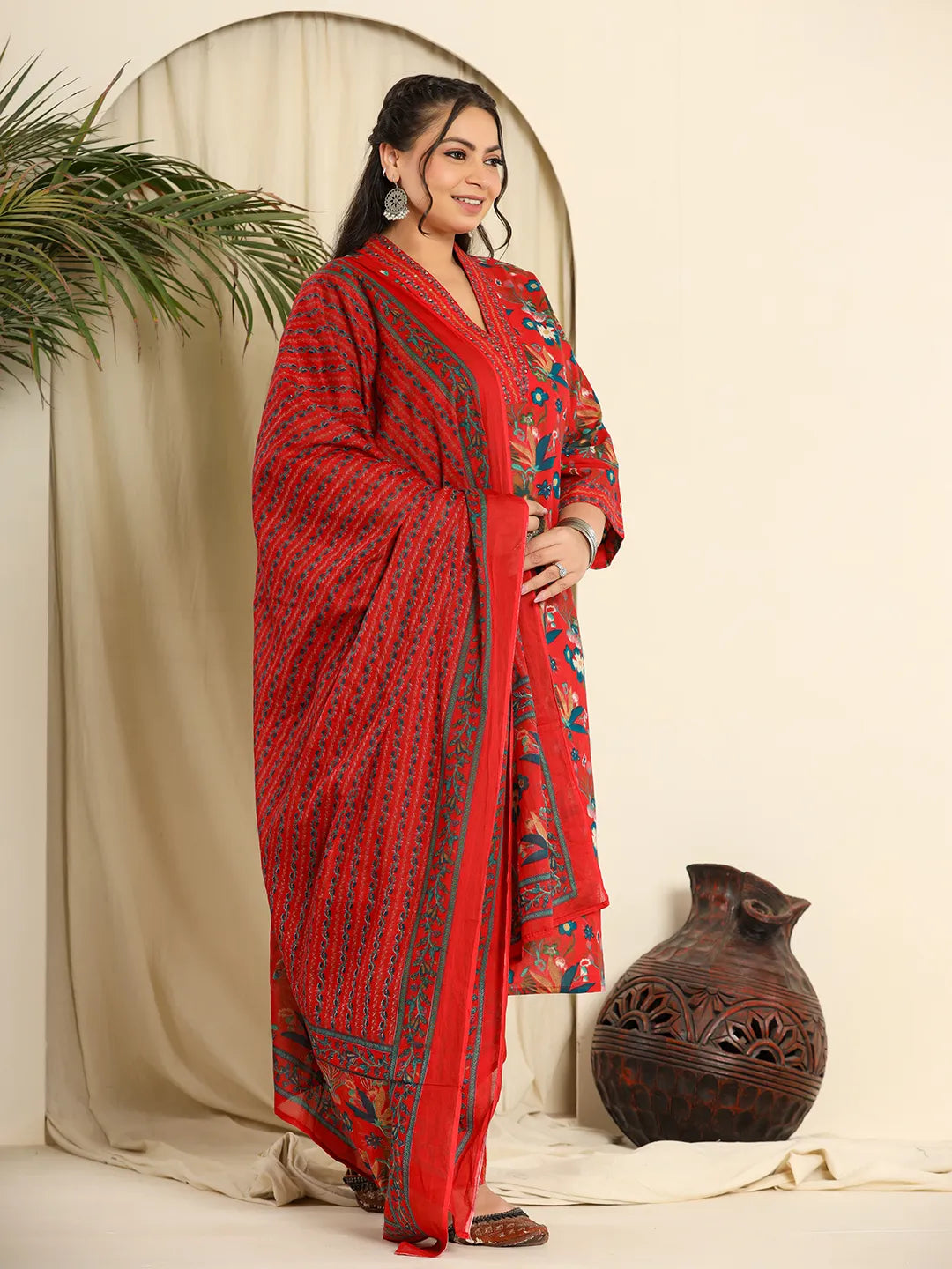 Yufta Red Pure Cotton Sequins_Work Kurta Dupatta Pant Set With Handwork - Distacart