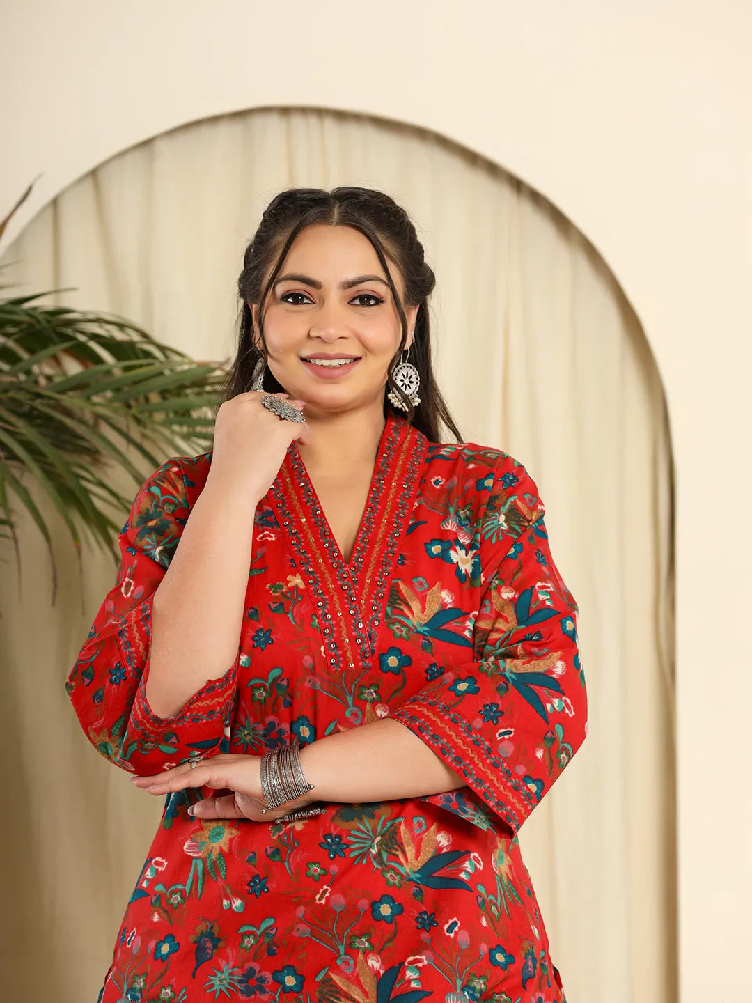 Yufta Red Pure Cotton Sequins_Work Kurta Dupatta Pant Set With Handwork - Distacart