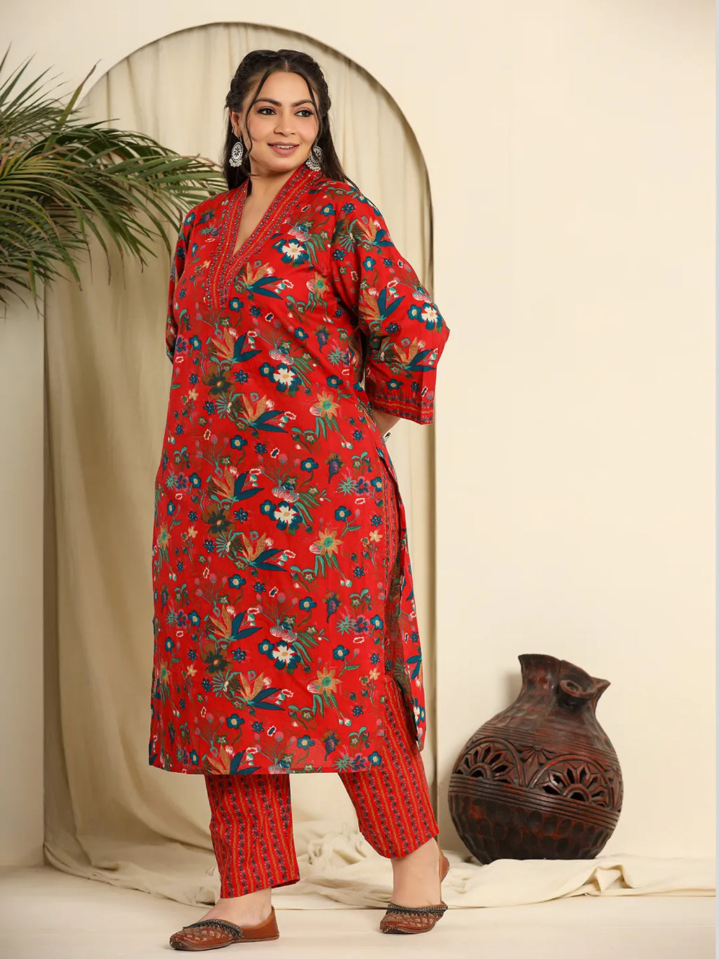 Yufta Red Pure Cotton Sequins_Work Kurta Dupatta Pant Set With Handwork - Distacart