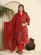 Yufta Red Pure Cotton Sequins_Work Kurta Dupatta Pant Set With Handwork - Distacart