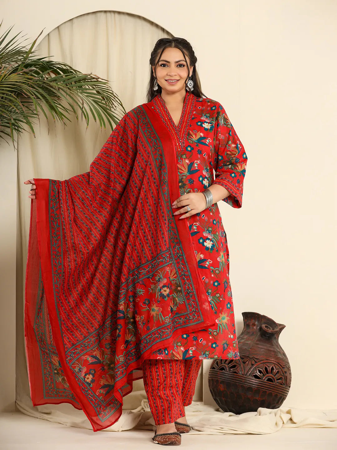Yufta Red Pure Cotton Sequins_Work Kurta Dupatta Pant Set With Handwork - Distacart