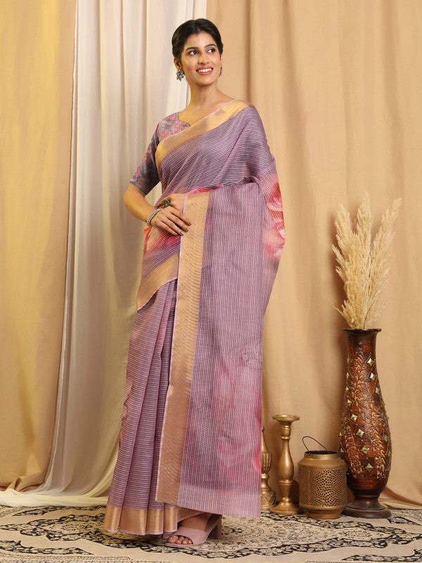 Shivam Fabrics Purple Chanderi Fabric Printed Saree - Distacart
