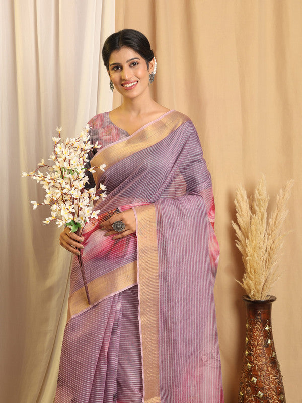 Shivam Fabrics Purple Chanderi Fabric Printed Saree - Distacart