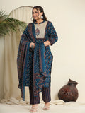 Yufta Navy Blue Pure Cotton Kantha Work Kurta Dupatta Pant Set With Handblock Yoke - Distacart