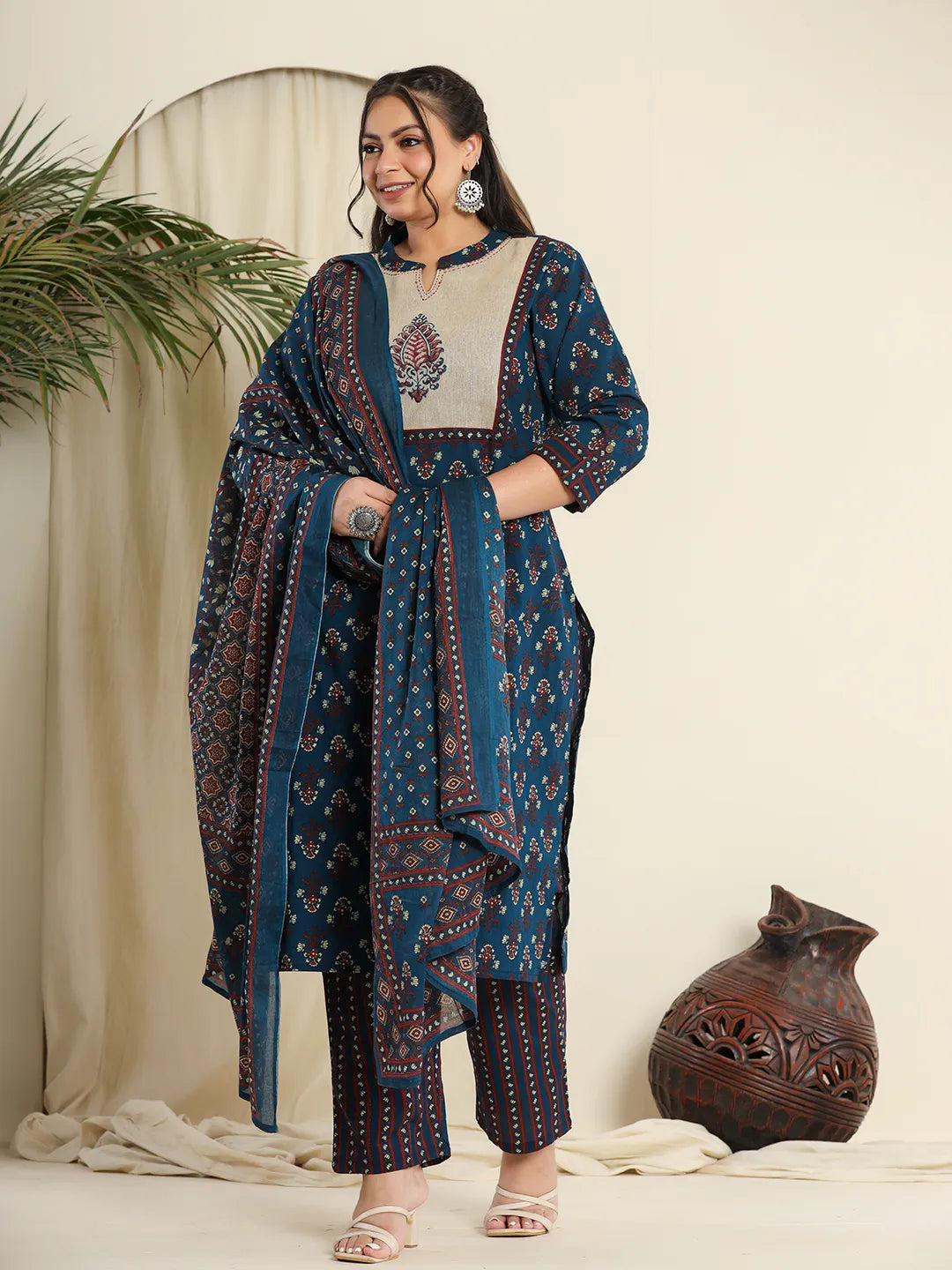 Yufta Navy Blue Pure Cotton Kantha Work Kurta Dupatta Pant Set With Handblock Yoke - Distacart