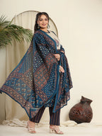 Yufta Navy Blue Pure Cotton Kantha Work Kurta Dupatta Pant Set With Handblock Yoke - Distacart