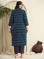 Yufta Navy Blue Pure Cotton Kantha Work Kurta Dupatta Pant Set With Handblock Yoke - Distacart
