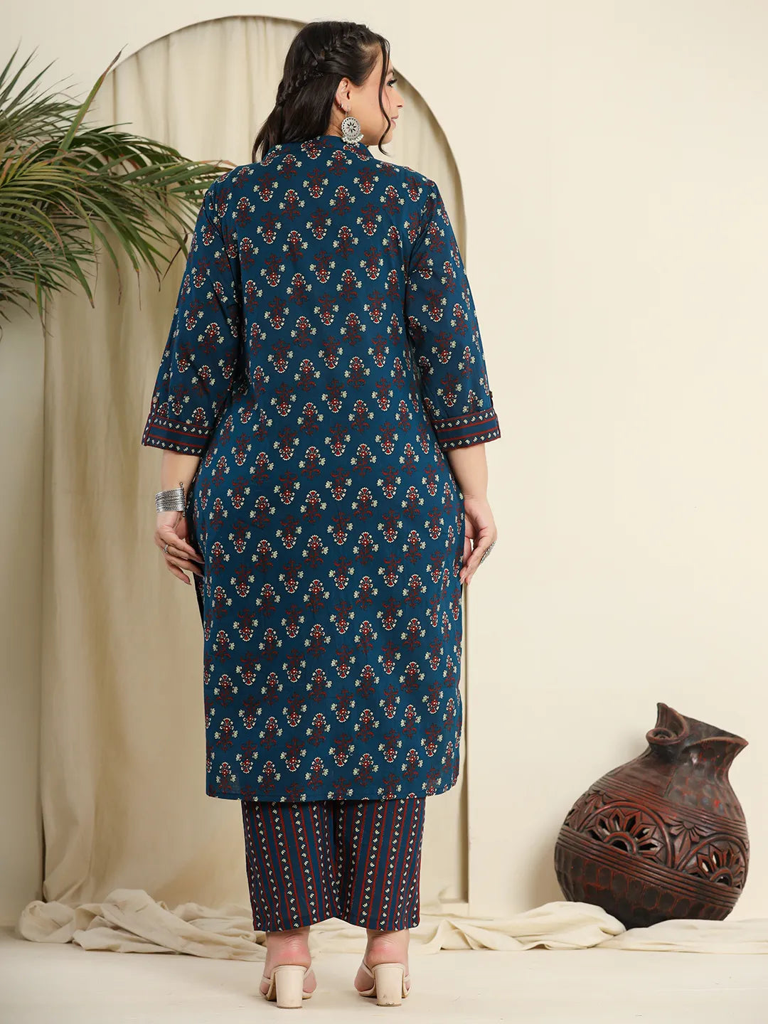 Yufta Navy Blue Pure Cotton Kantha Work Kurta Dupatta Pant Set With Handblock Yoke - Distacart