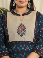 Yufta Navy Blue Pure Cotton Kantha Work Kurta Dupatta Pant Set With Handblock Yoke - Distacart