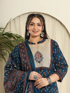 Yufta Navy Blue Pure Cotton Kantha Work Kurta Dupatta Pant Set With Handblock Yoke - Distacart