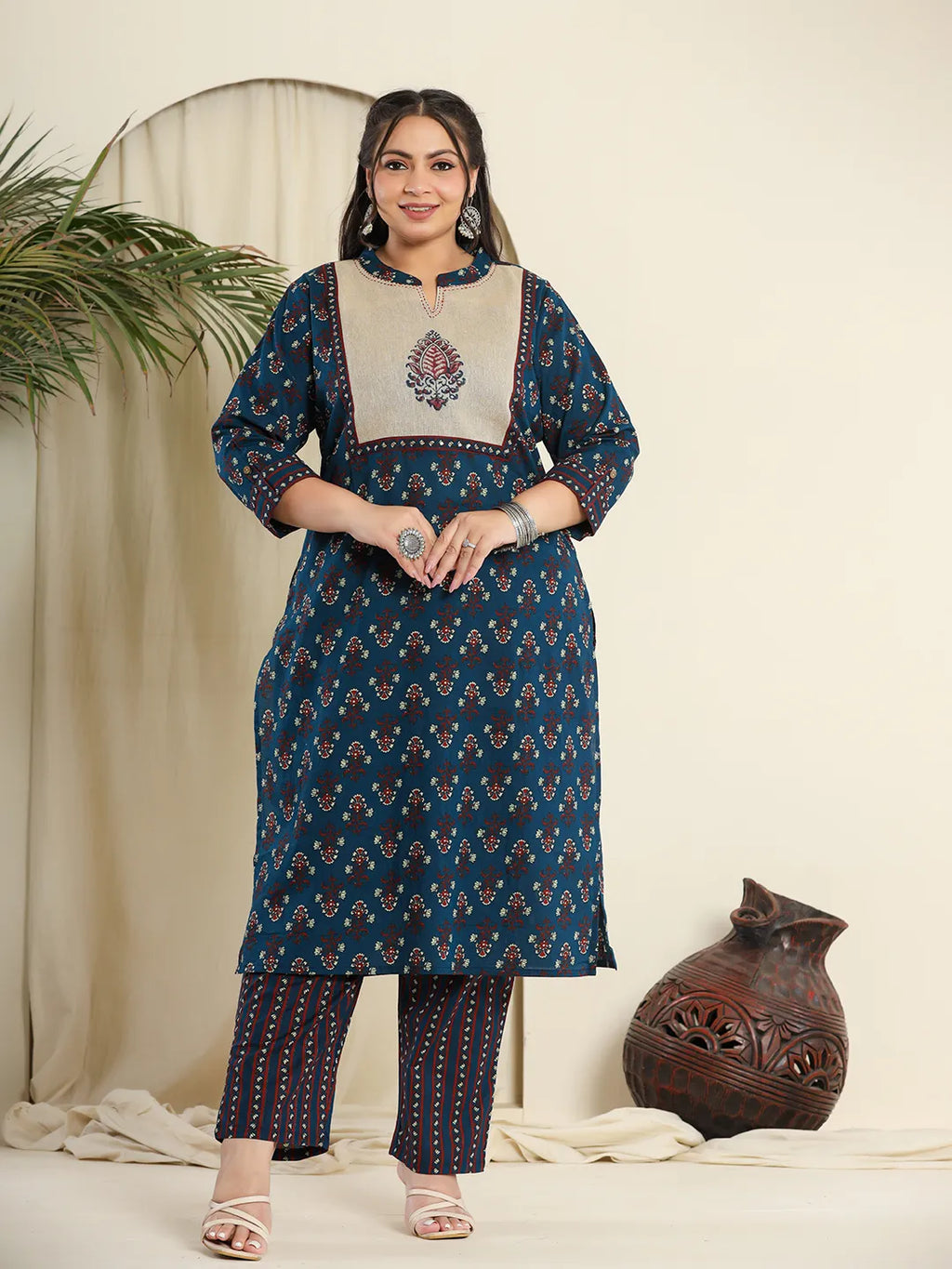 Yufta Navy Blue Pure Cotton Kantha Work Kurta Dupatta Pant Set With Handblock Yoke - Distacart