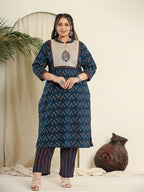 Yufta Navy Blue Pure Cotton Kantha Work Kurta Dupatta Pant Set With Handblock Yoke - Distacart